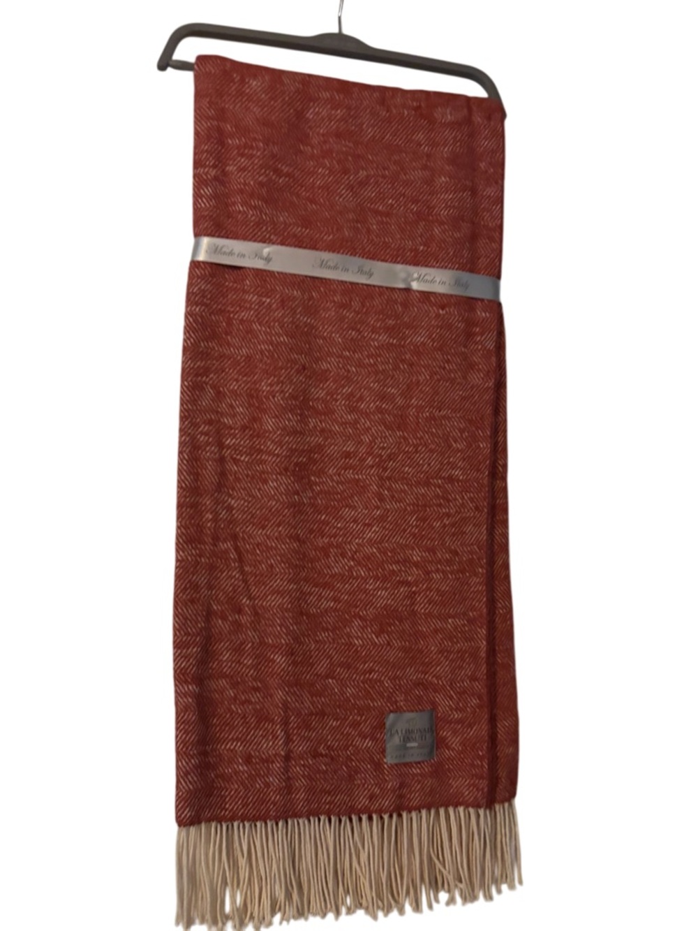 Rust Red Herringbone Wool Blend Scarf with Fringe